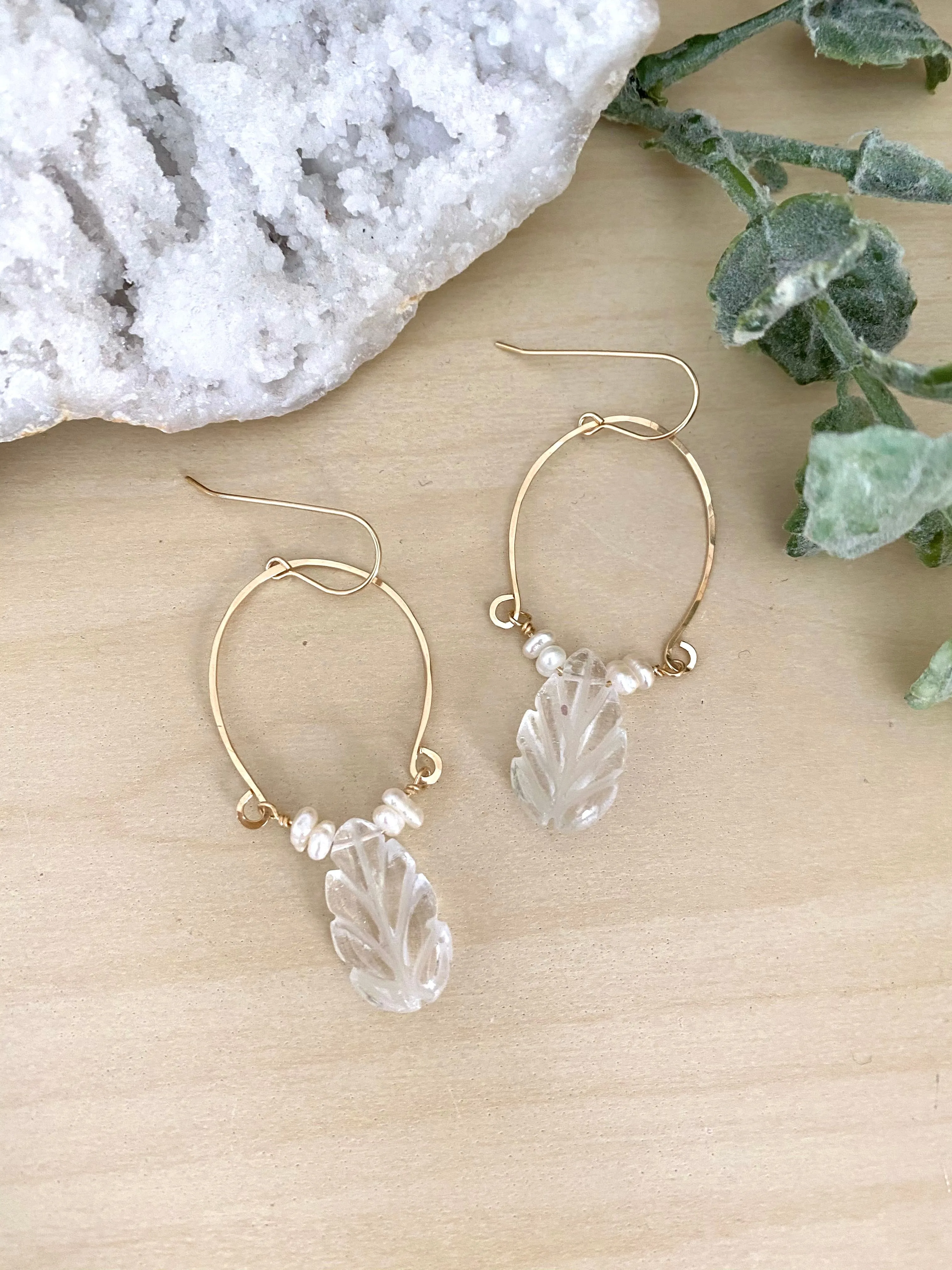 Clear Quartz and Freshwater Pearl Inverted Hoop earrings - Gold fill
