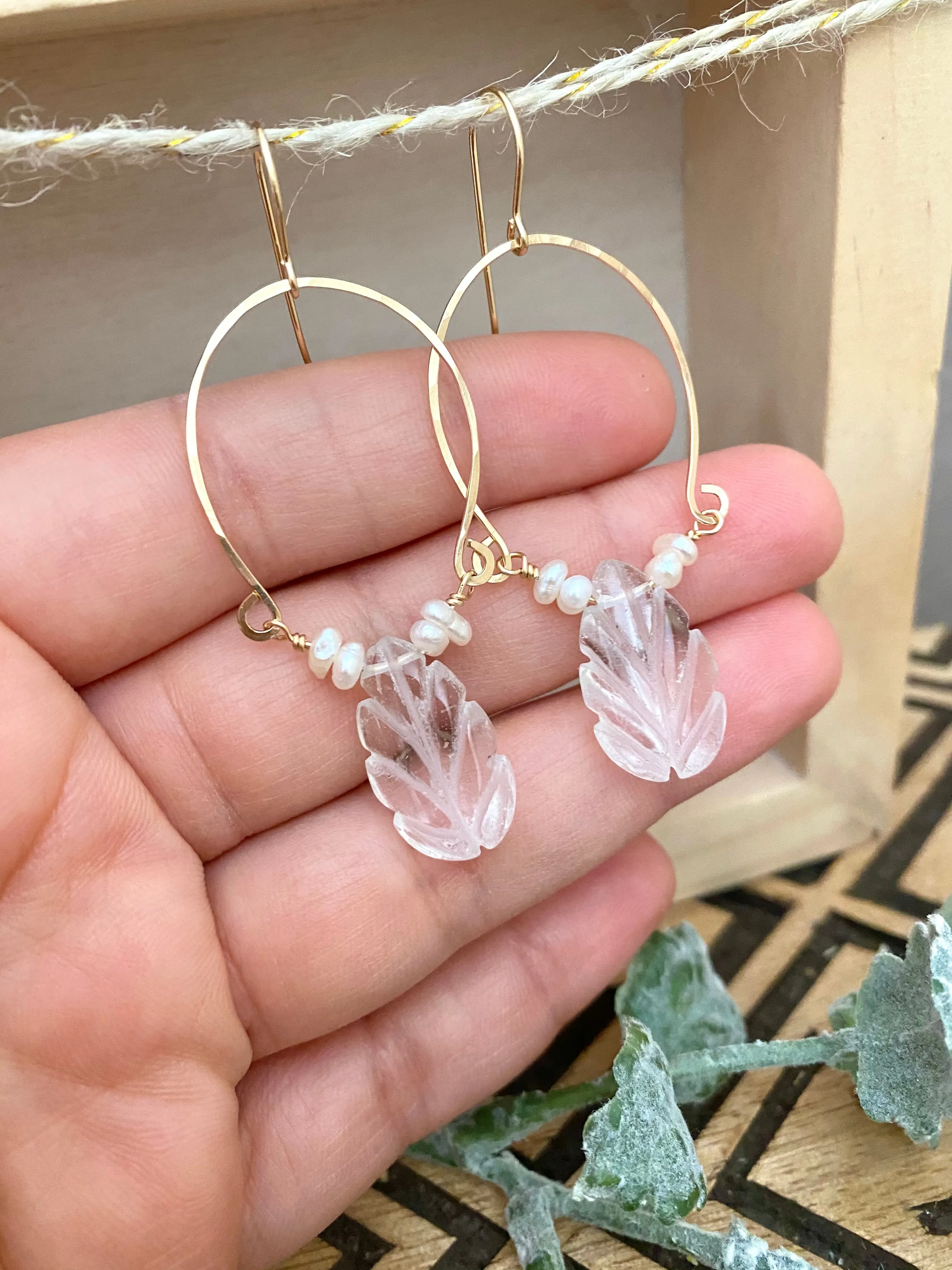 Clear Quartz and Freshwater Pearl Inverted Hoop earrings - Gold fill