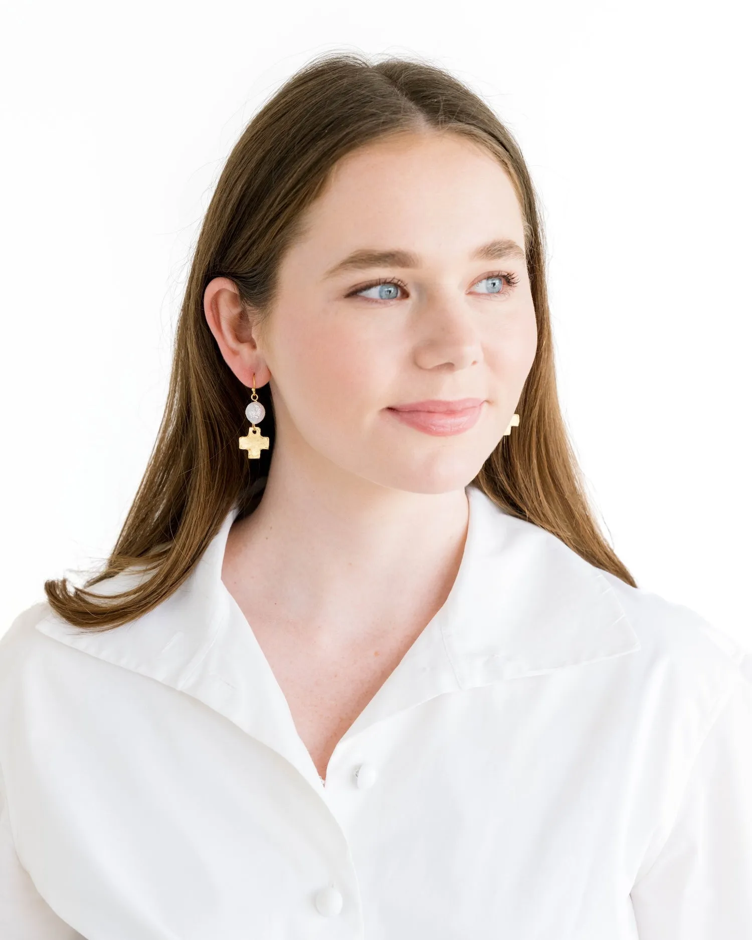 Coin Pearl   Gold Cross Drop Earrings