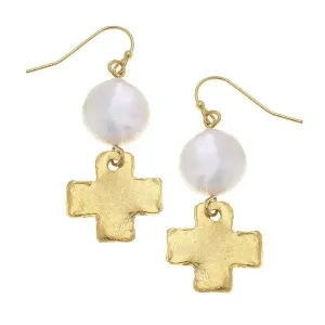 Coin Pearl   Gold Cross Drop Earrings