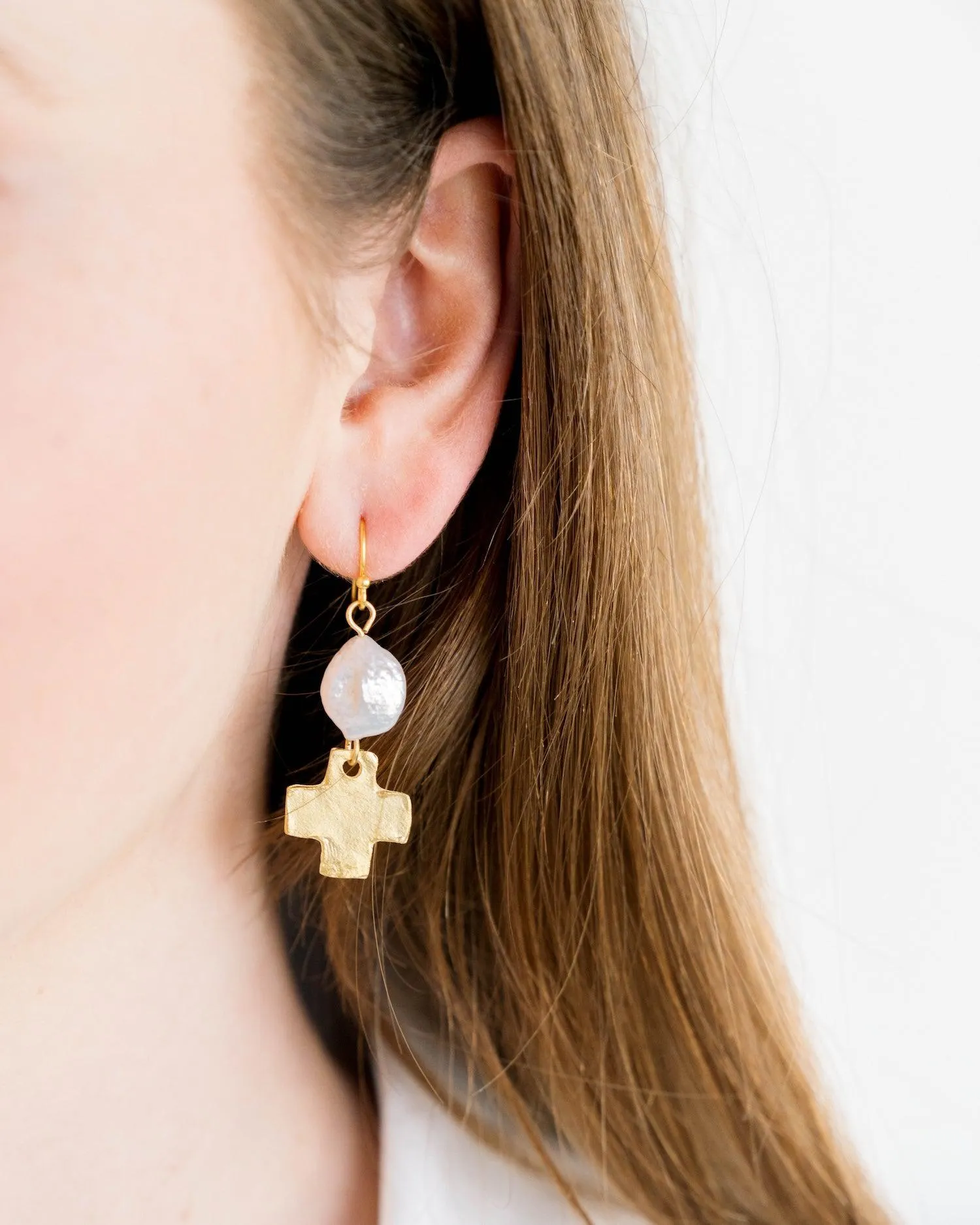 Coin Pearl   Gold Cross Drop Earrings
