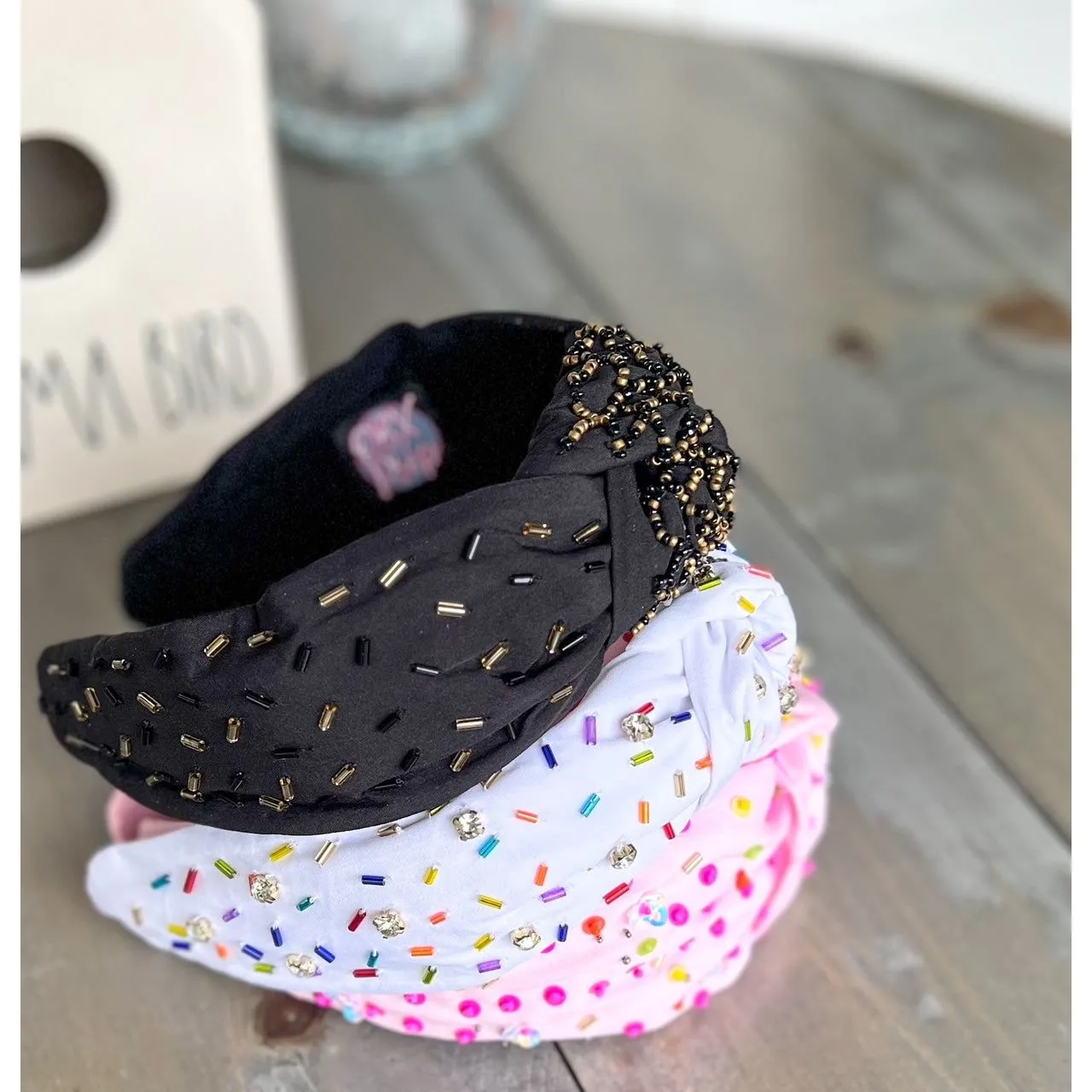 Confetti Beaded Top Knot Headband in Pink, Black and Gold, and White Multi-Colors