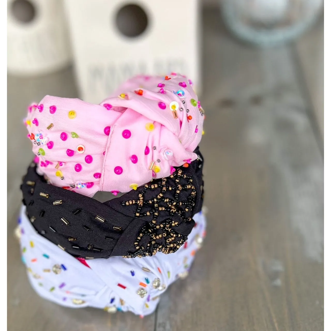 Confetti Beaded Top Knot Headband in Pink, Black and Gold, and White Multi-Colors