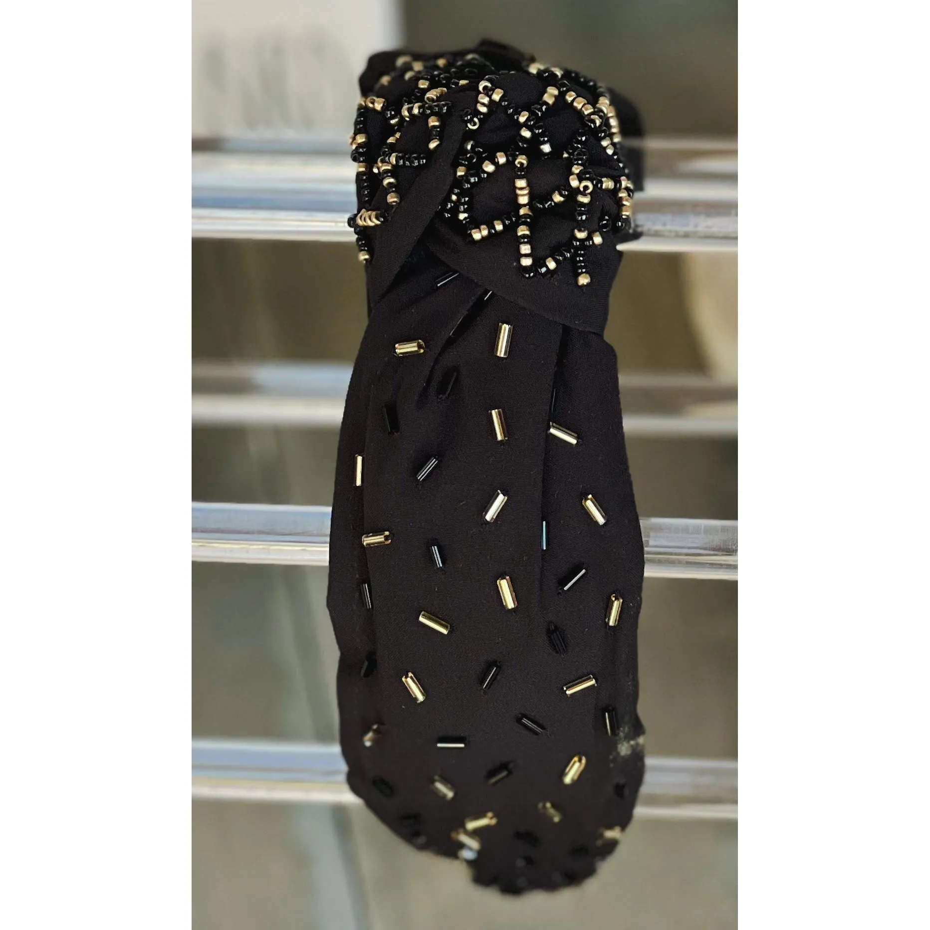 Confetti Beaded Top Knot Headband in Pink, Black and Gold, and White Multi-Colors
