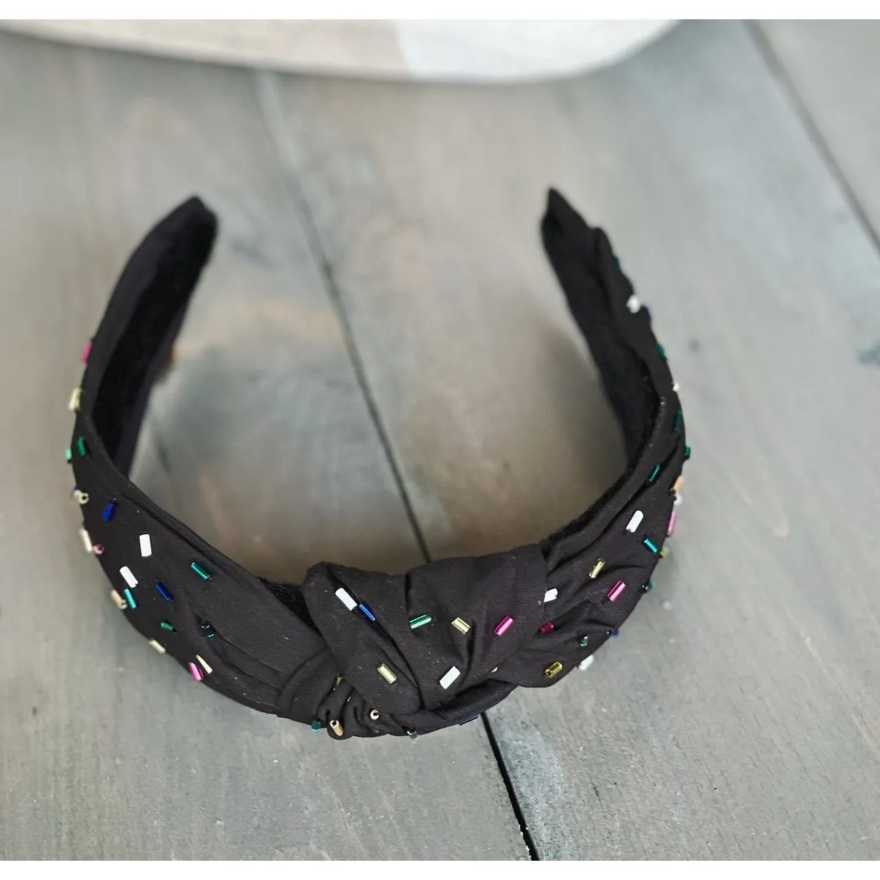 Confetti Beaded Top Knot Headband in Pink, Black and Gold, and White Multi-Colors