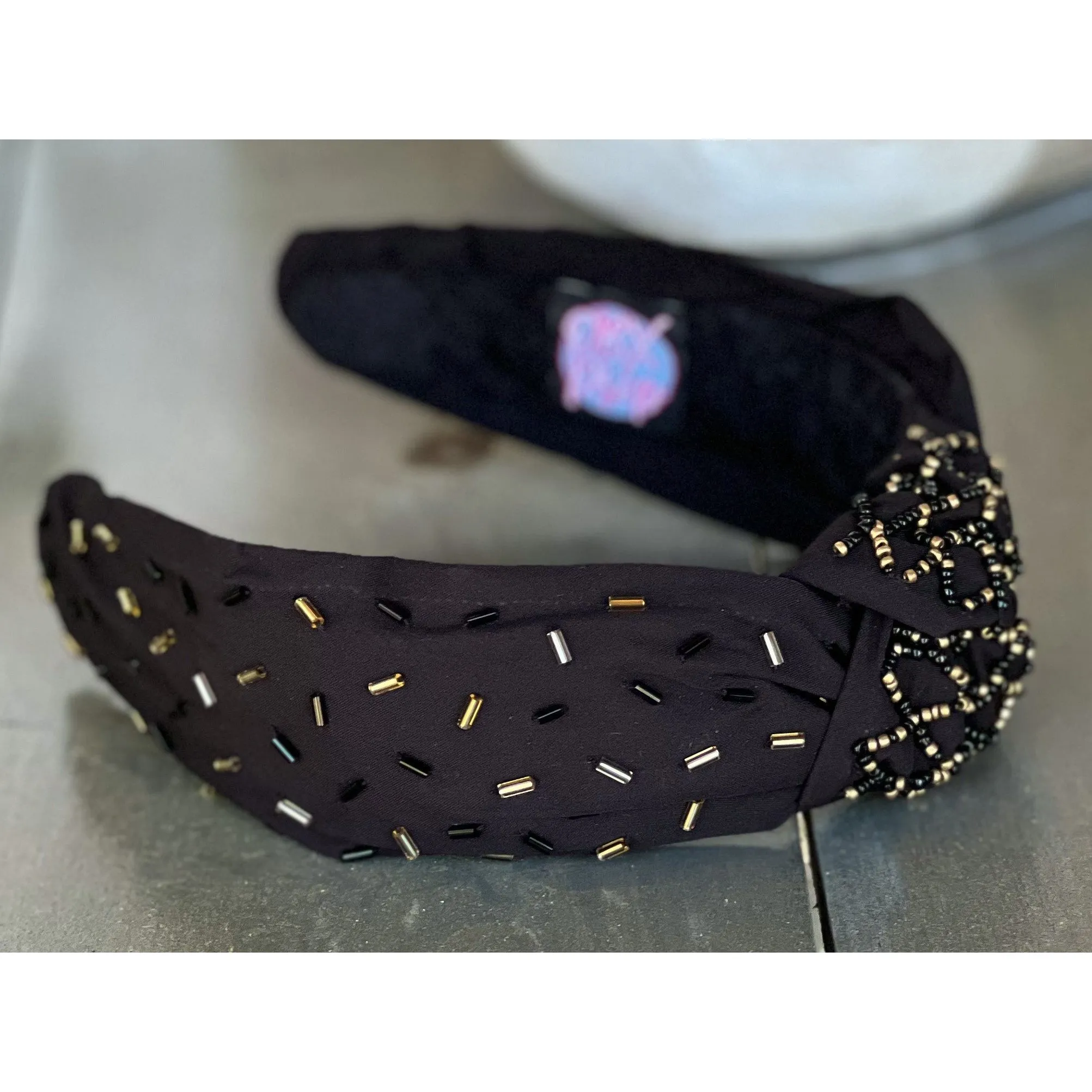 Confetti Beaded Top Knot Headband in Pink, Black and Gold, and White Multi-Colors