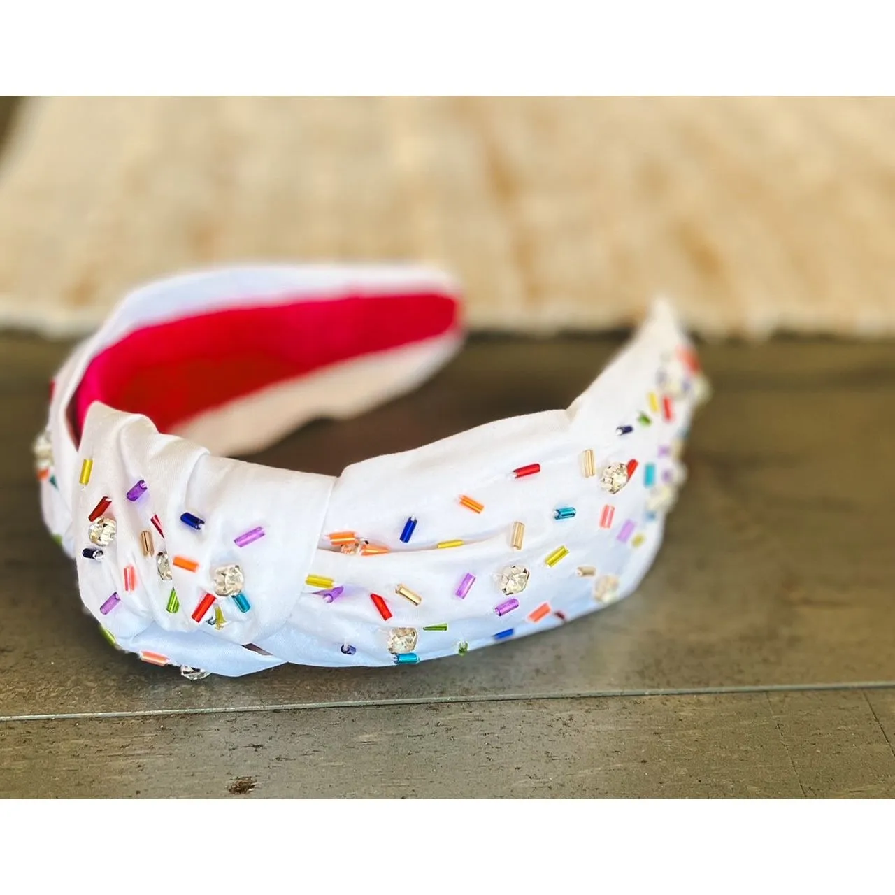 Confetti Beaded Top Knot Headband in Pink, Black and Gold, and White Multi-Colors