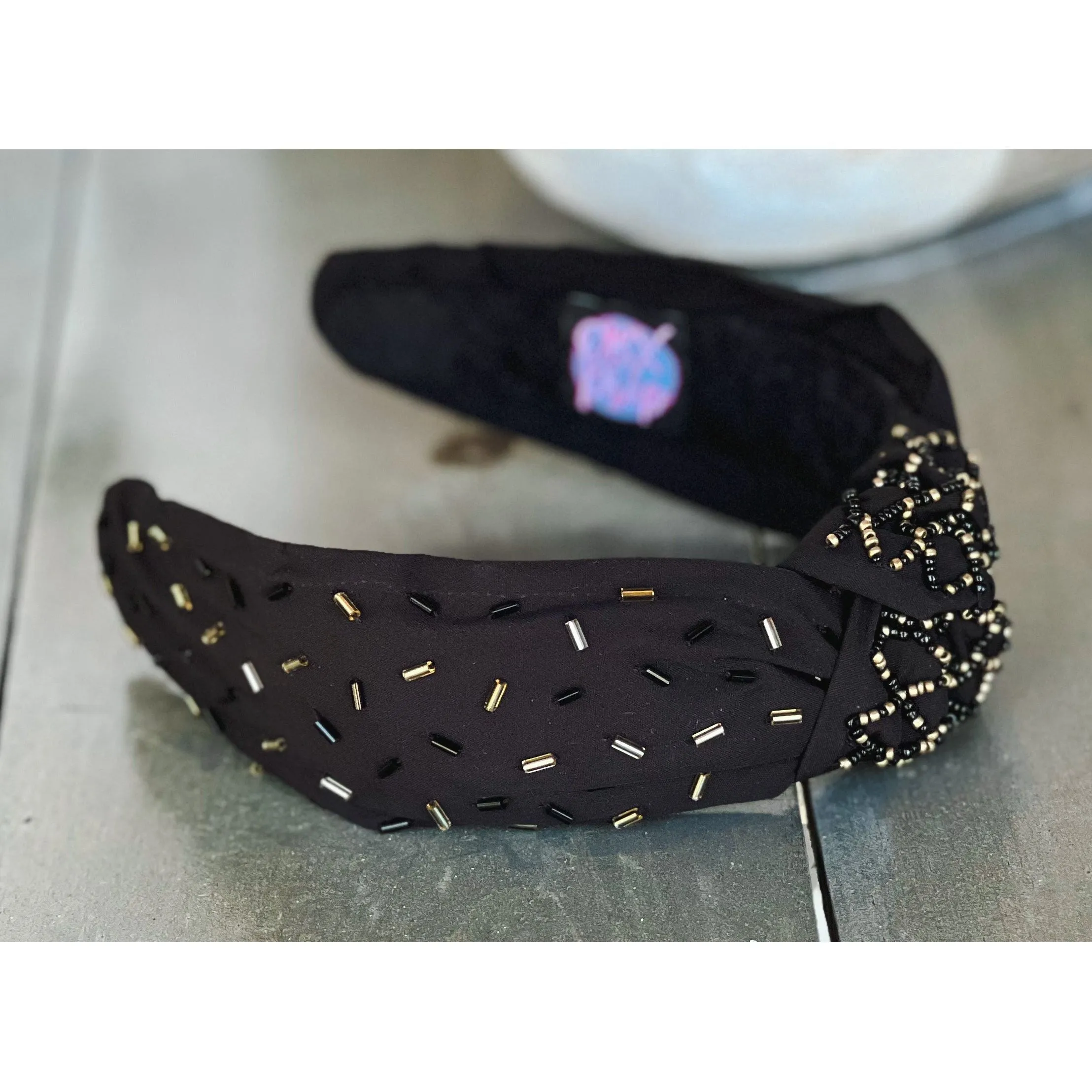 Confetti Beaded Top Knot Headband in Pink, Black and Gold, and White Multi-Colors