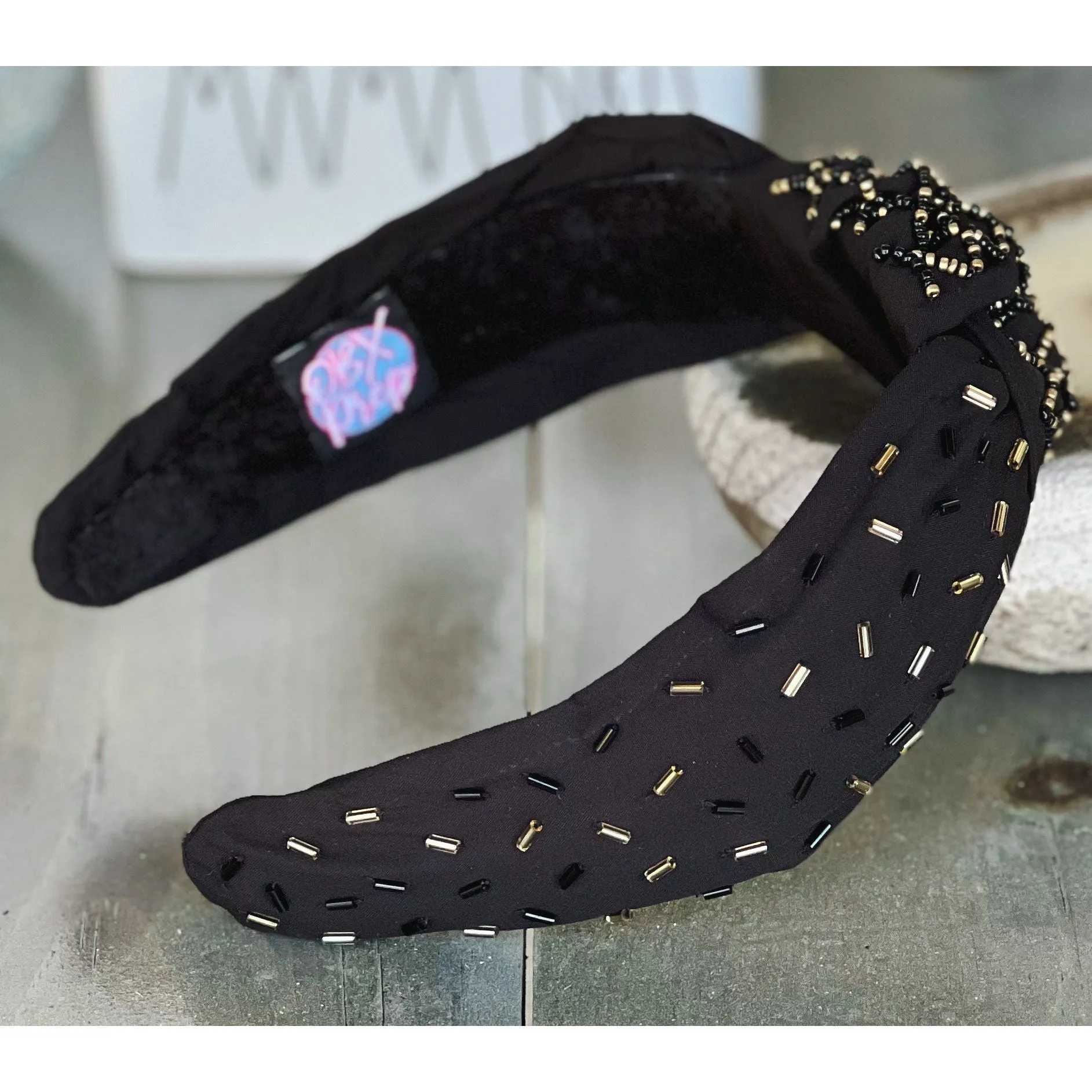 Confetti Beaded Top Knot Headband in Pink, Black and Gold, and White Multi-Colors