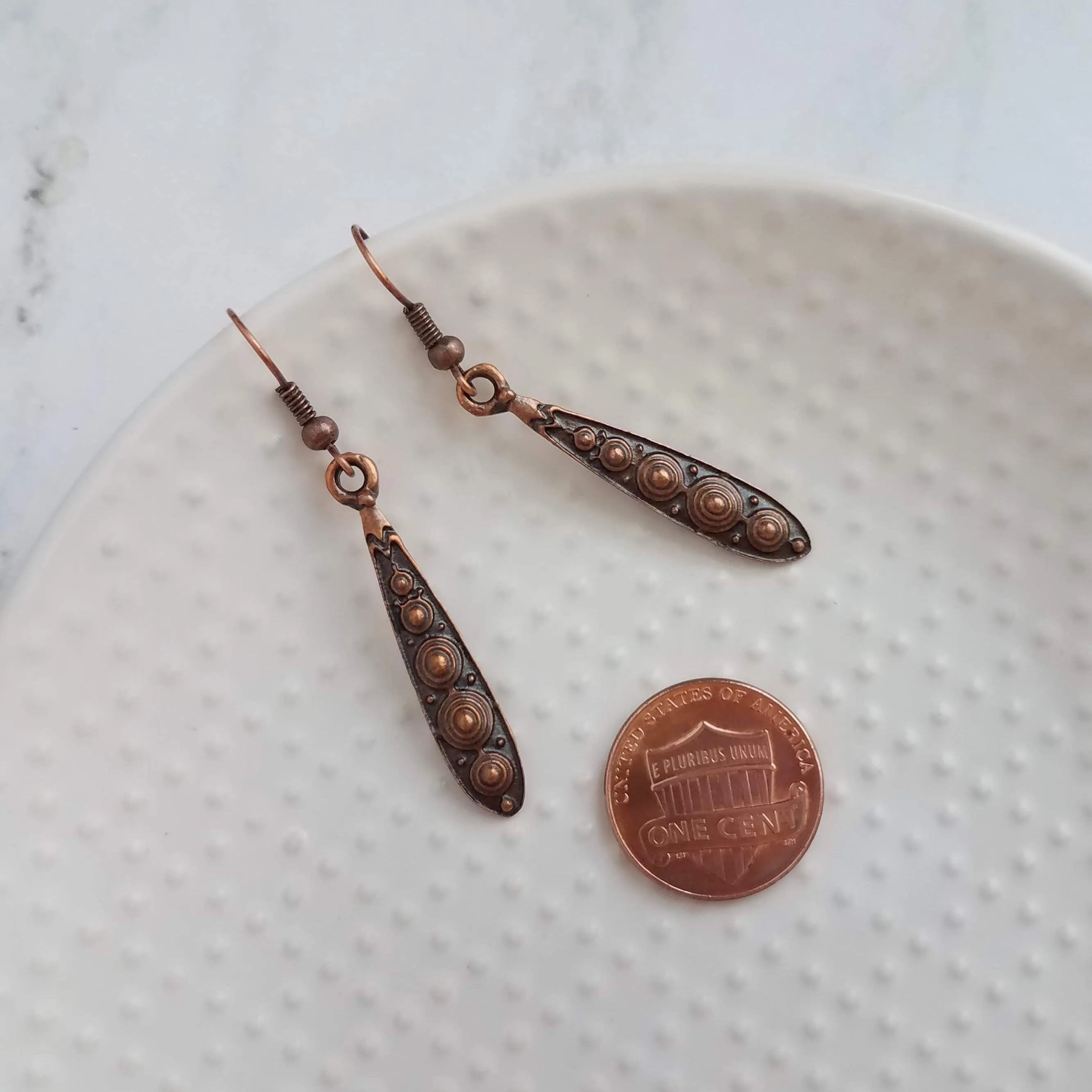 Copper Teardrop Earrings, antique copper earring, long copper drop earring, copper Boho earring, narrow teardrop earring, oxidized copper