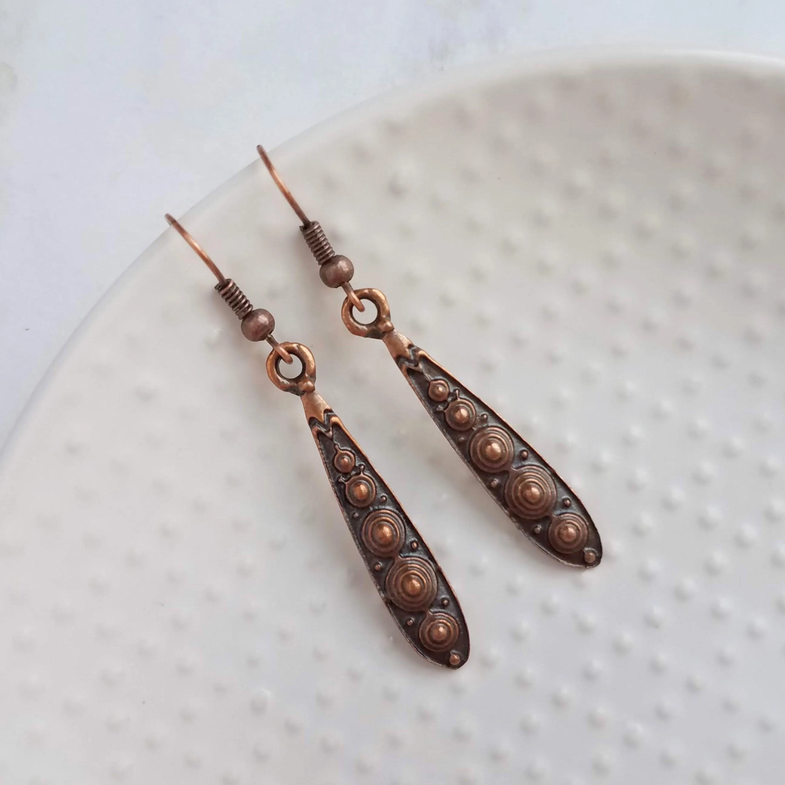 Copper Teardrop Earrings, antique copper earring, long copper drop earring, copper Boho earring, narrow teardrop earring, oxidized copper