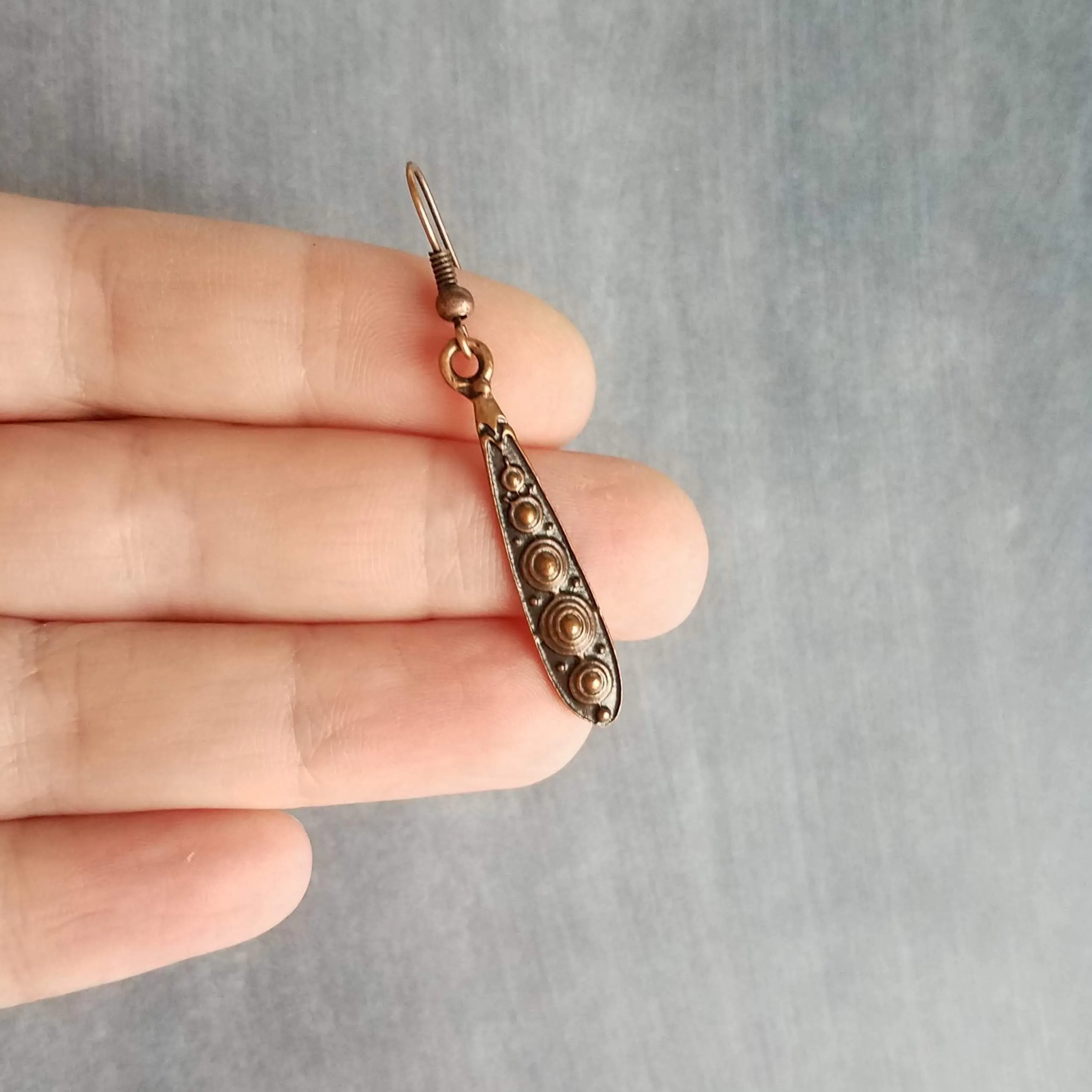 Copper Teardrop Earrings, antique copper earring, long copper drop earring, copper Boho earring, narrow teardrop earring, oxidized copper