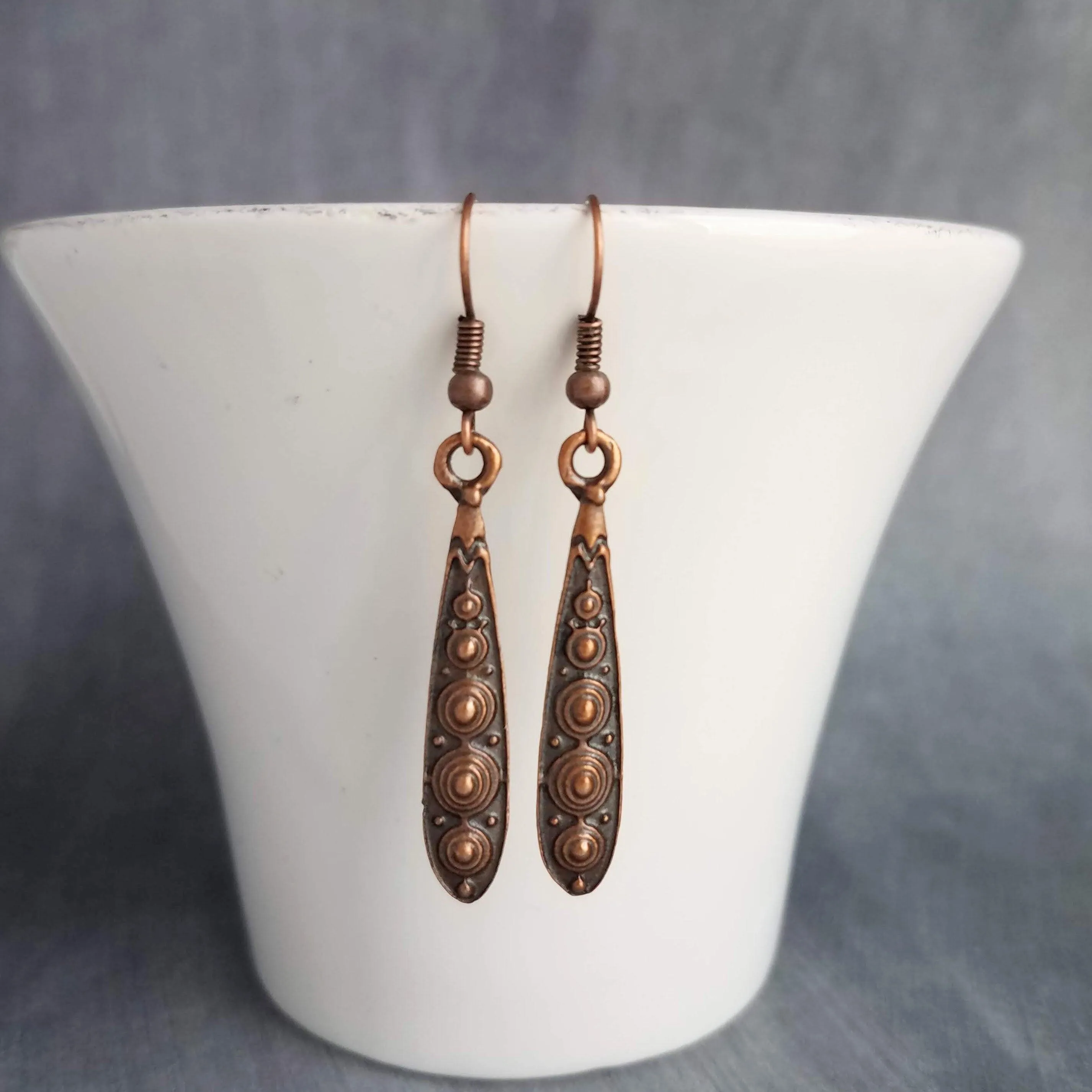 Copper Teardrop Earrings, antique copper earring, long copper drop earring, copper Boho earring, narrow teardrop earring, oxidized copper
