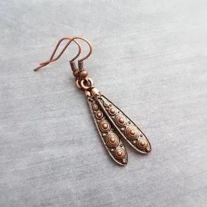 Copper Teardrop Earrings, antique copper earring, long copper drop earring, copper Boho earring, narrow teardrop earring, oxidized copper