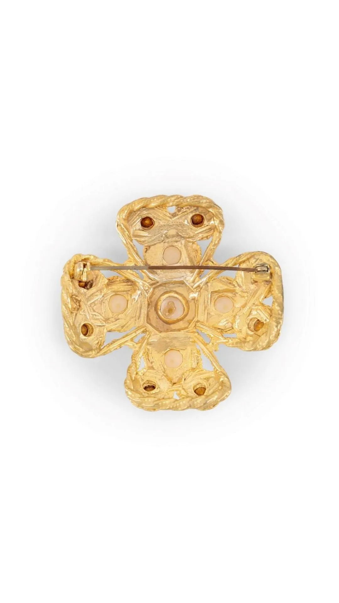 Costume Faux Pearl And Rhinestone Cross Brooch