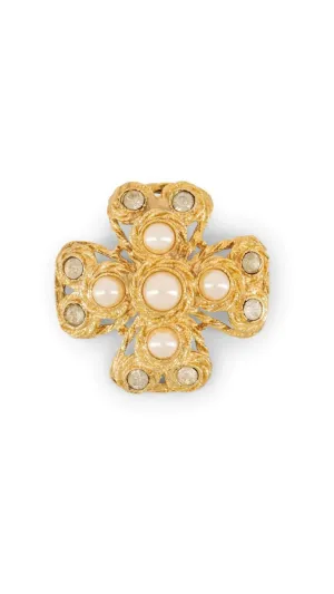 Costume Faux Pearl And Rhinestone Cross Brooch