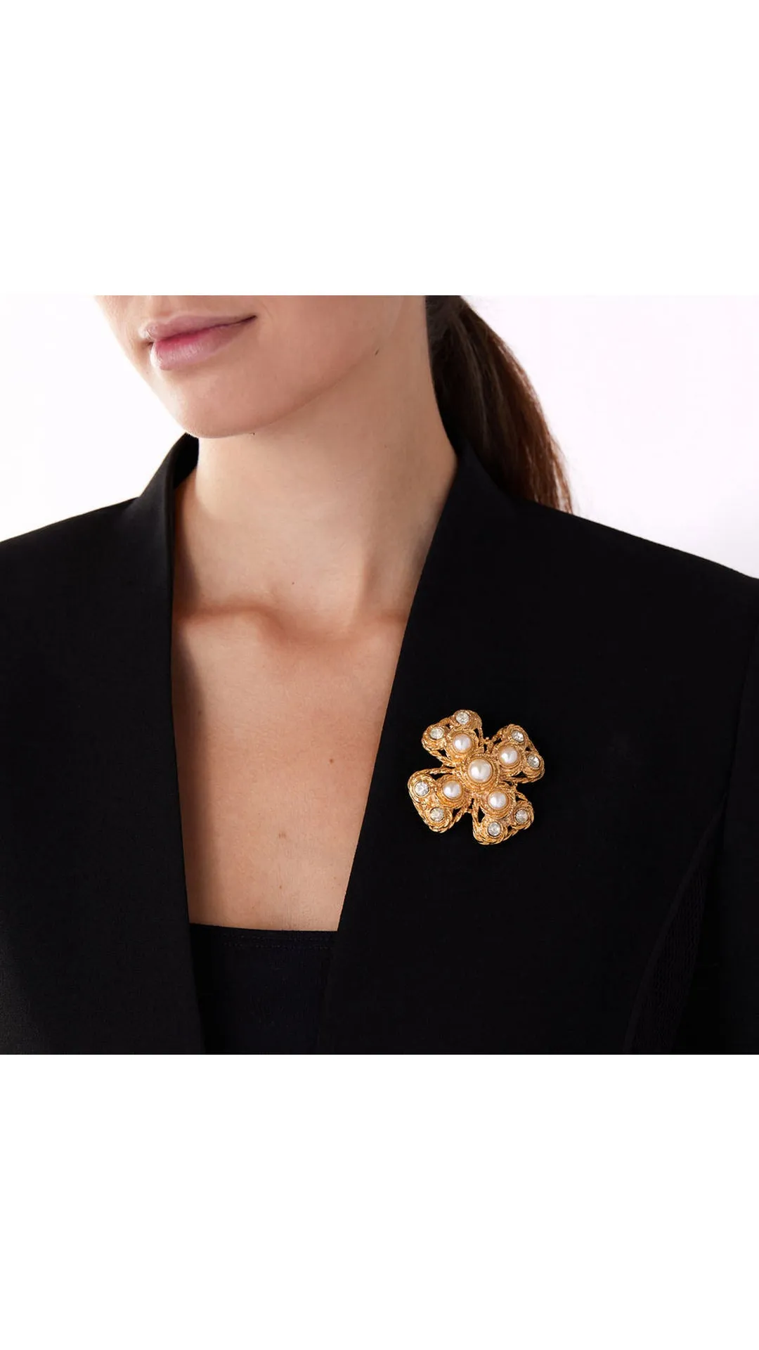 Costume Faux Pearl And Rhinestone Cross Brooch
