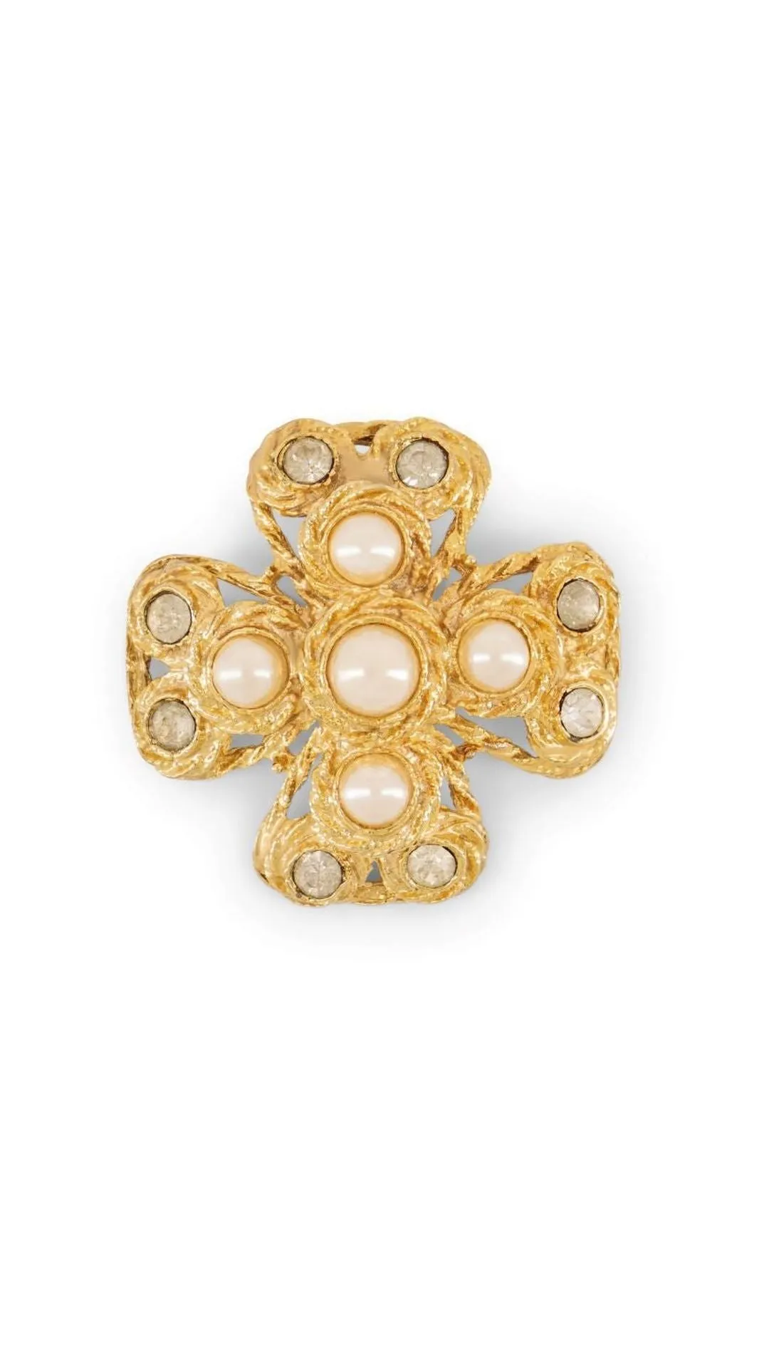 Costume Faux Pearl And Rhinestone Cross Brooch