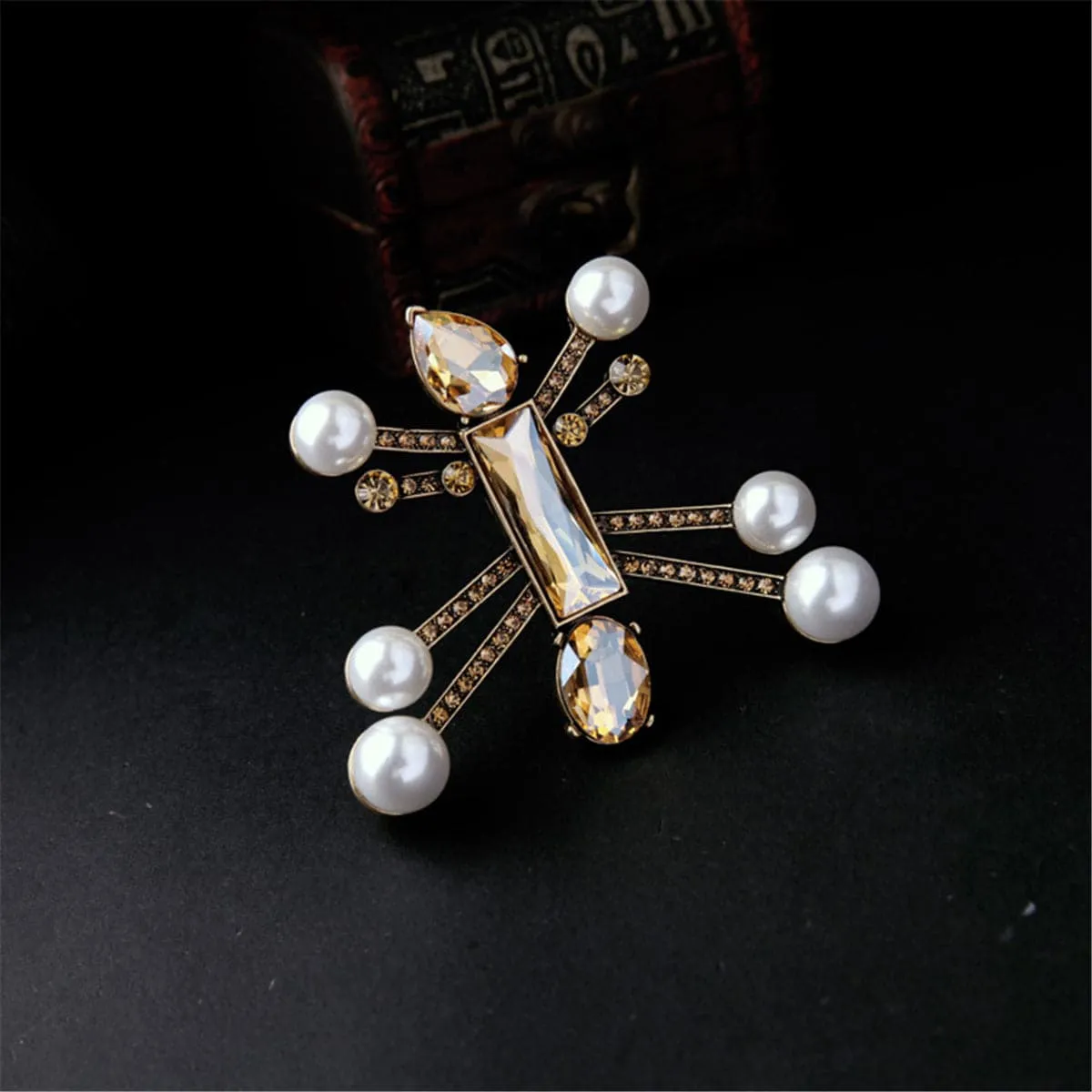 Crystal & Pearl 18K Gold-Plated Robot Brooch