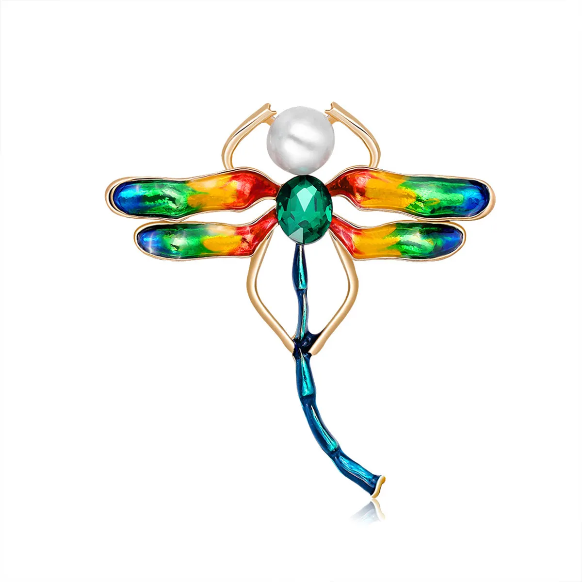 Crystal & Pearl Enamel 18K Gold-Plated Dragonfly Brooch