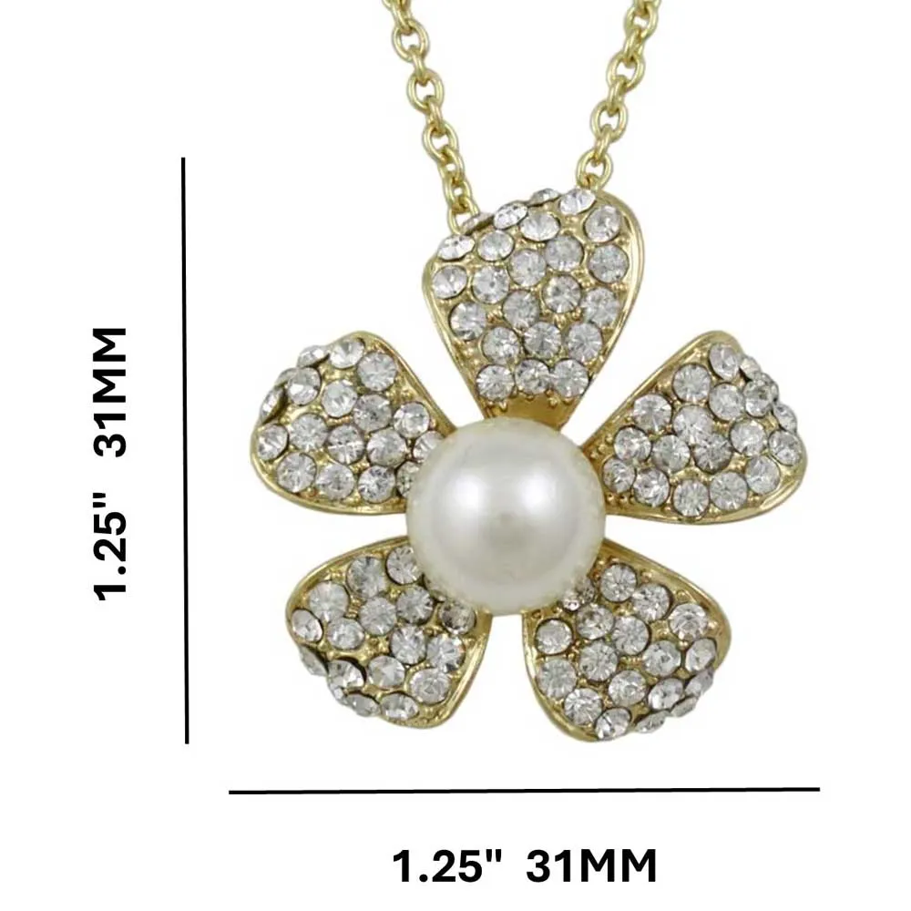 Crystal and Pearl Flower Pendant on Gold-tone Chain - PT408