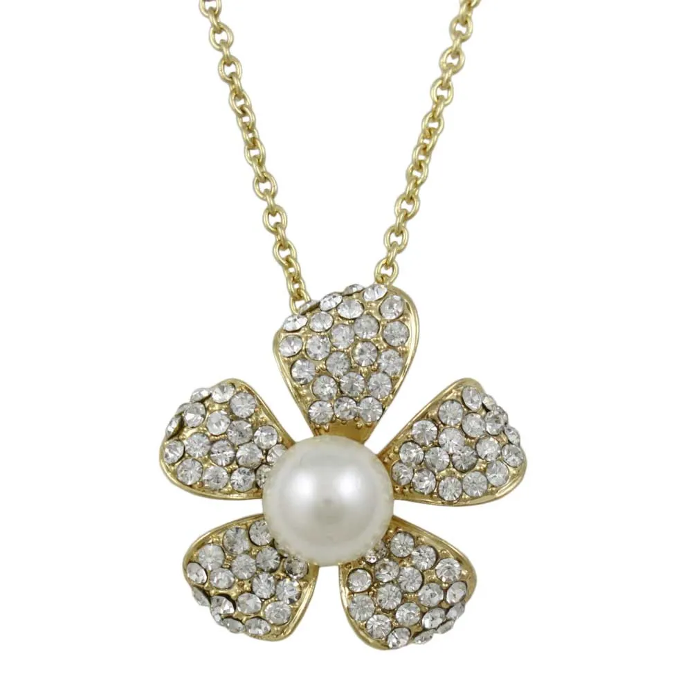 Crystal and Pearl Flower Pendant on Gold-tone Chain - PT408