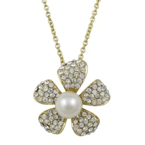 Crystal and Pearl Flower Pendant on Gold-tone Chain - PT408