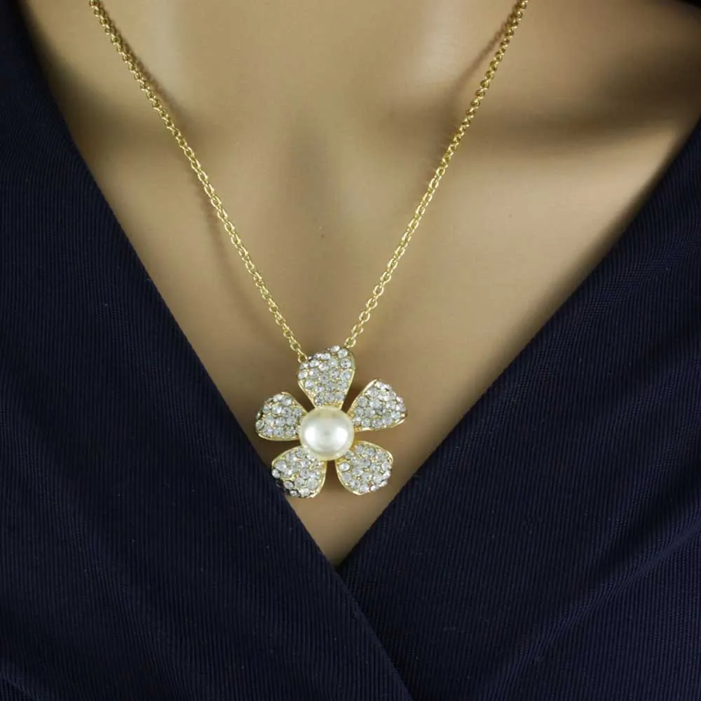 Crystal and Pearl Flower Pendant on Gold-tone Chain - PT408