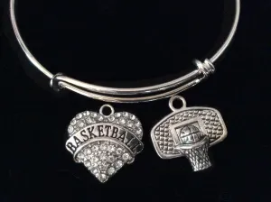 Crystal Heart Basketball Hoop Charm Silver Expandable Charm Bracelet Sports Gift Adjustable Bangle