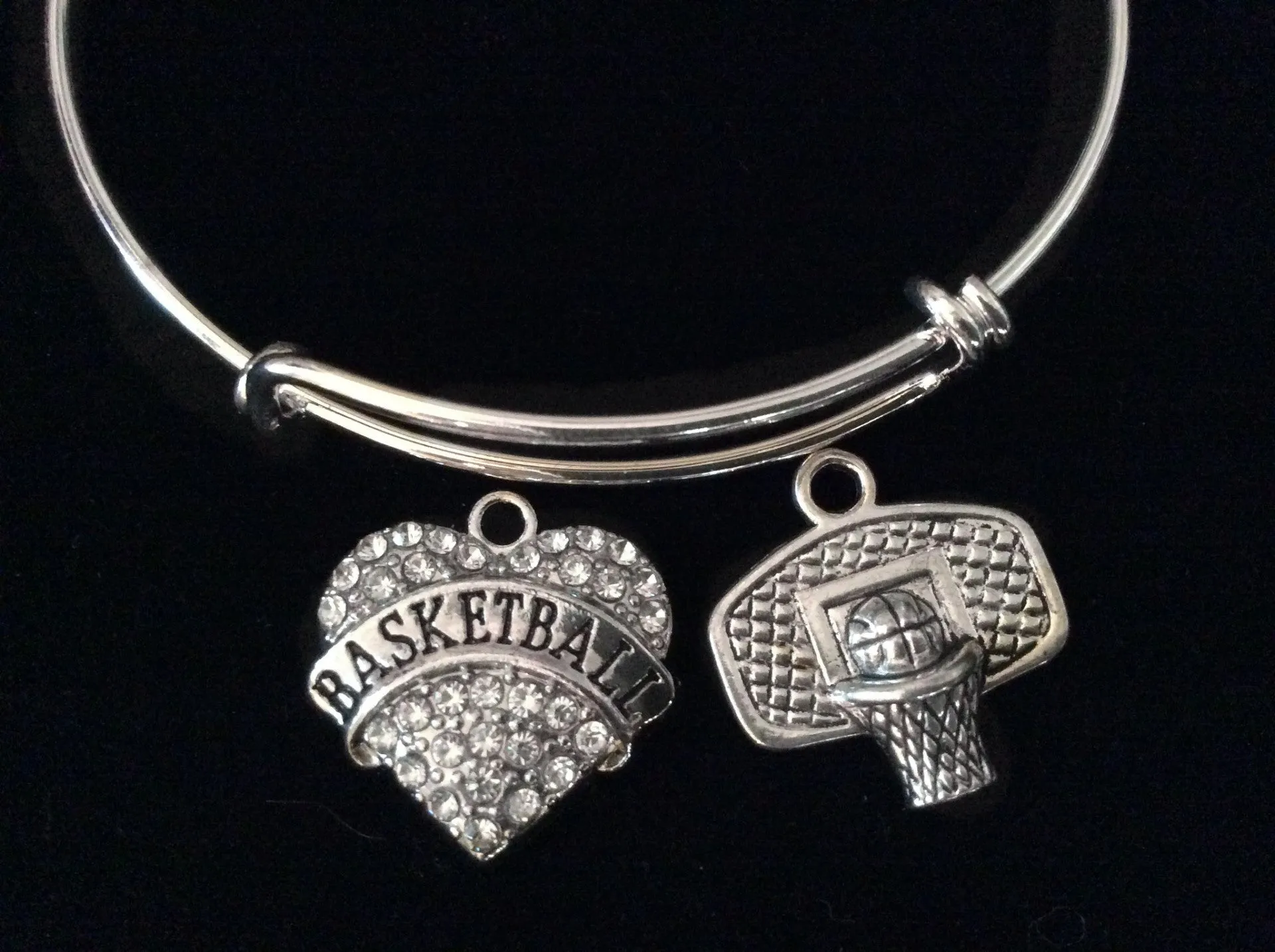Crystal Heart Basketball Hoop Charm Silver Expandable Charm Bracelet Sports Gift Adjustable Bangle