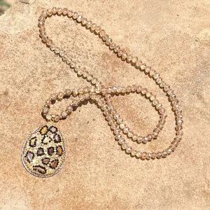 Crystal Necklace with Leopard Print Pendant