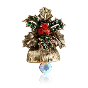 Cubic Zirconia & 18K Gold-Plated Flower Christmas Bell Brooch