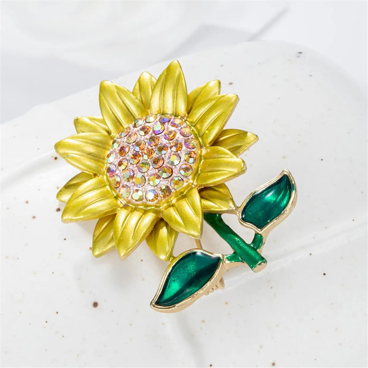 Cubic Zirconia & 18K Gold Plated Sunflower Brooch
