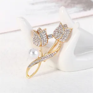 Cubic Zirconia & Pearl 18K Gold-Plated Tulips Brooch