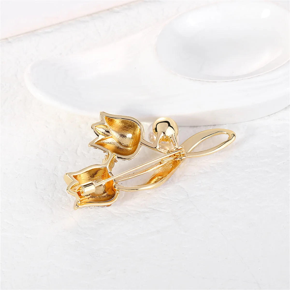 Cubic Zirconia & Pearl 18K Gold-Plated Tulips Brooch