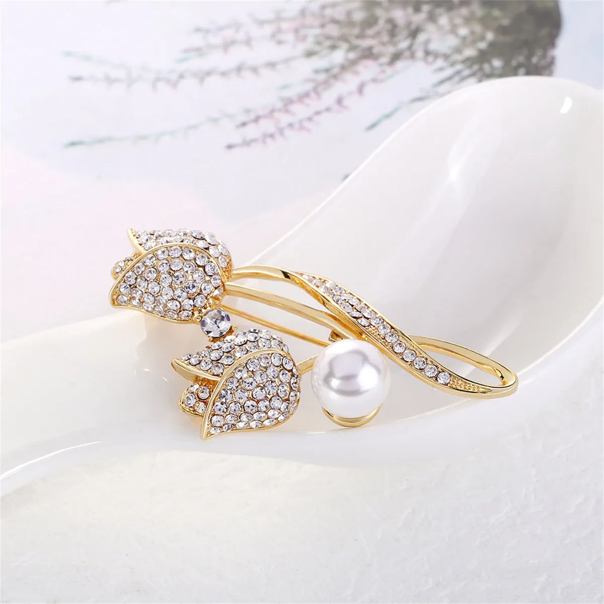 Cubic Zirconia & Pearl 18K Gold-Plated Tulips Brooch