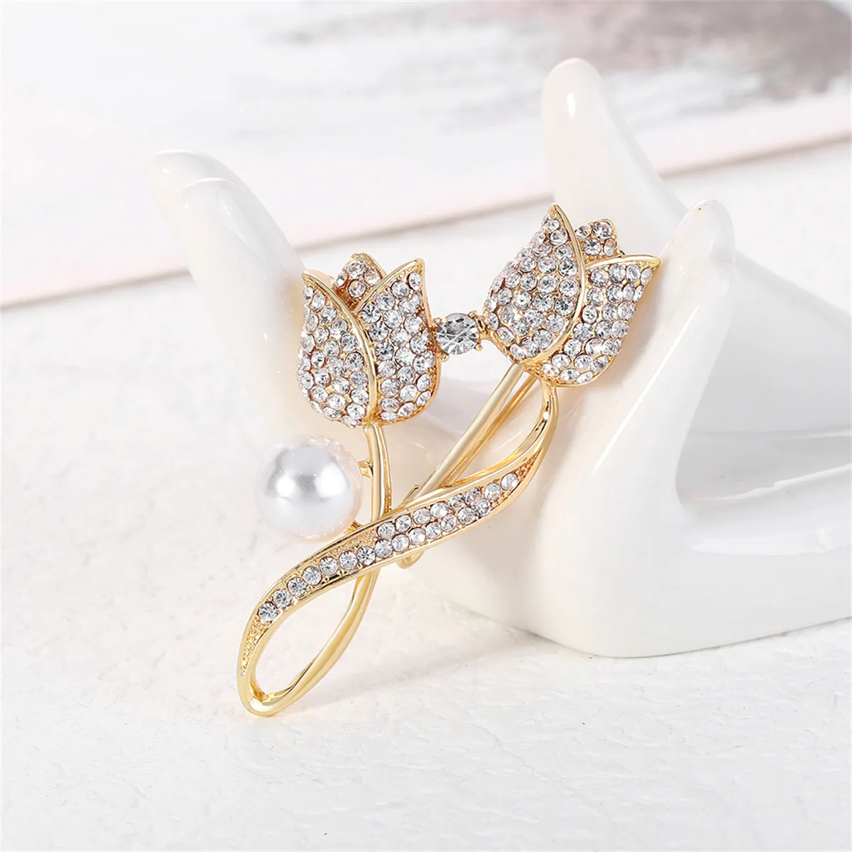 Cubic Zirconia & Pearl 18K Gold-Plated Tulips Brooch