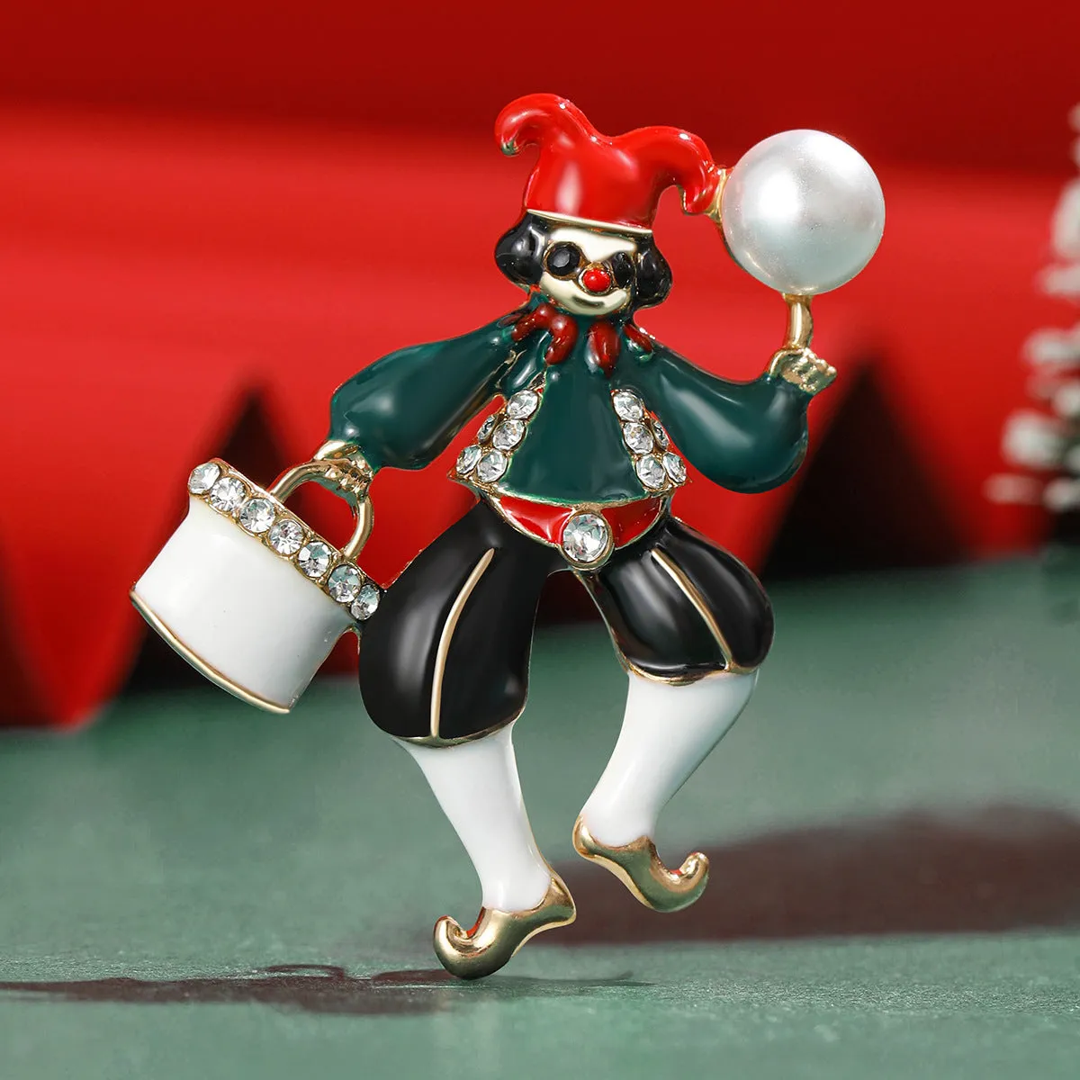 Cubic Zirconia & Pearl Enamel 18k Gold-Plated Clown Brooch