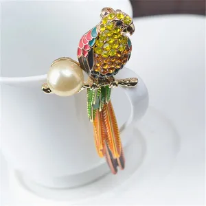 Cubic Zirconia & Pearl Enamel 18K Gold-Plated Parrot Brooch