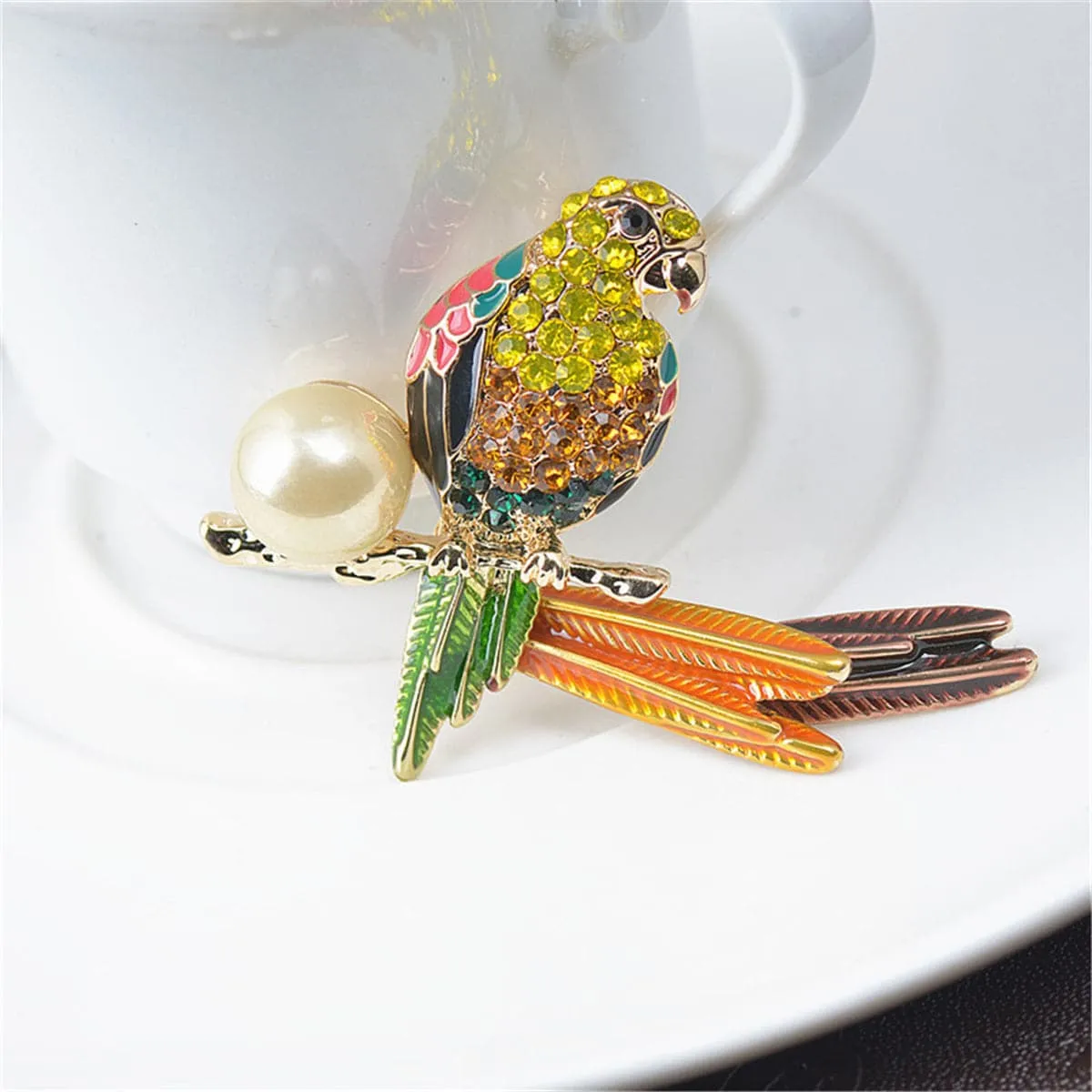 Cubic Zirconia & Pearl Enamel 18K Gold-Plated Parrot Brooch