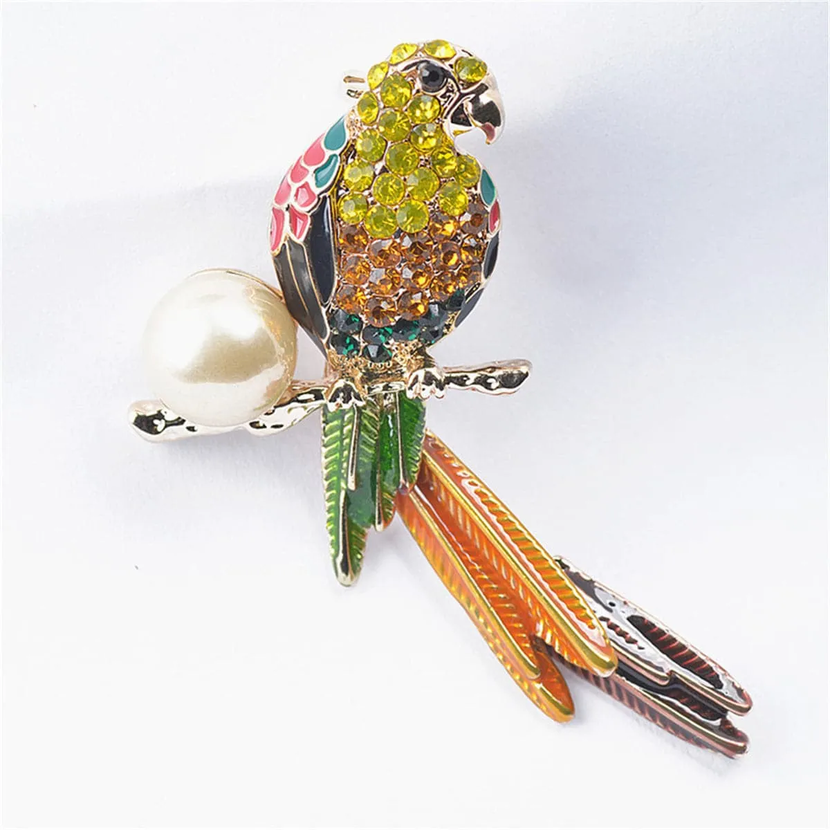Cubic Zirconia & Pearl Enamel 18K Gold-Plated Parrot Brooch