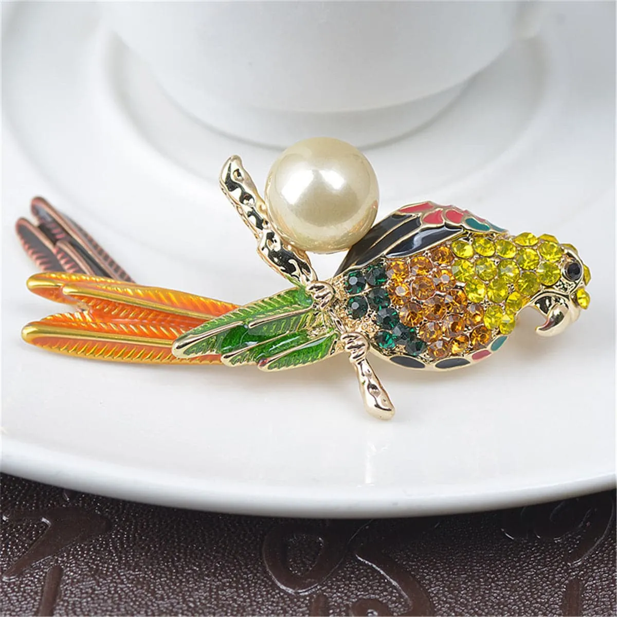 Cubic Zirconia & Pearl Enamel 18K Gold-Plated Parrot Brooch