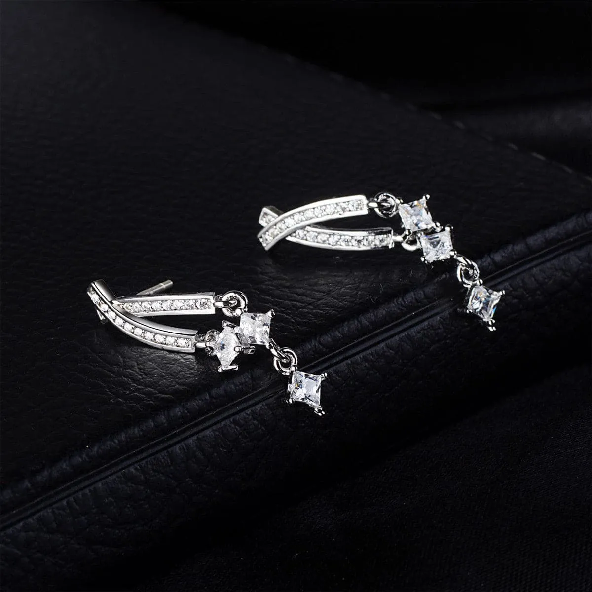Cubic Zirconia & Silver-Plated Princess-Cut Bar Drop Earrings