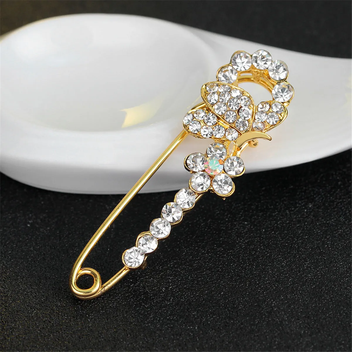Cubic Zirconia Butterfly & Flower Pin Brooch