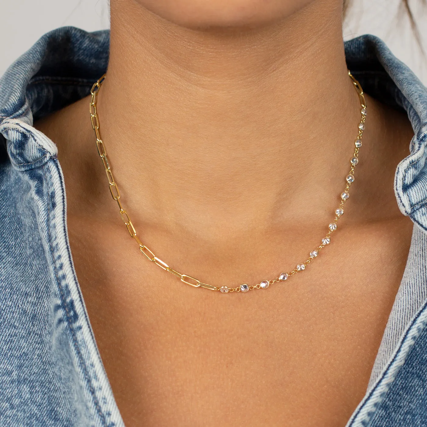 CZ Bezel X Paperclip Toggle Chain Necklace