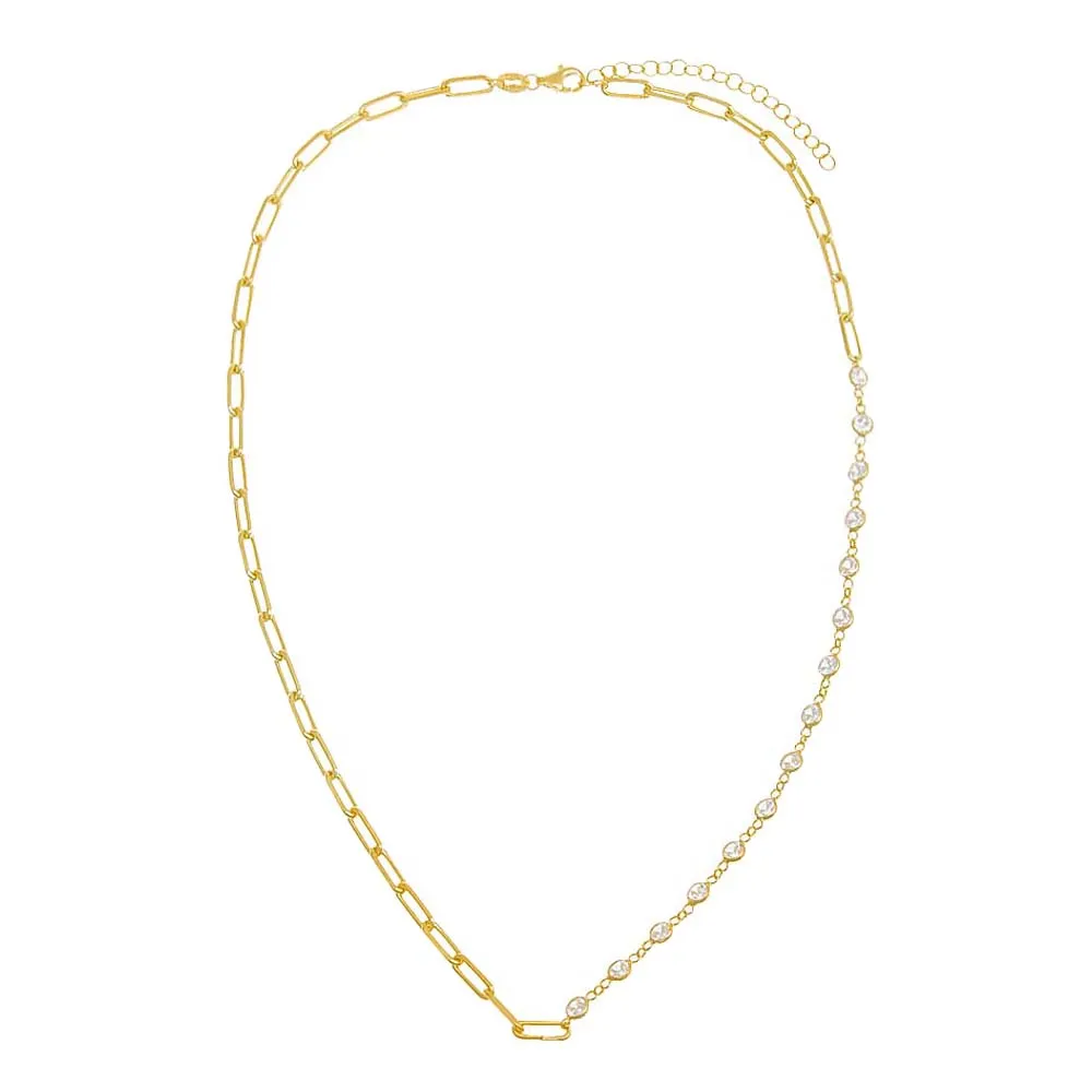 CZ Bezel X Paperclip Toggle Chain Necklace