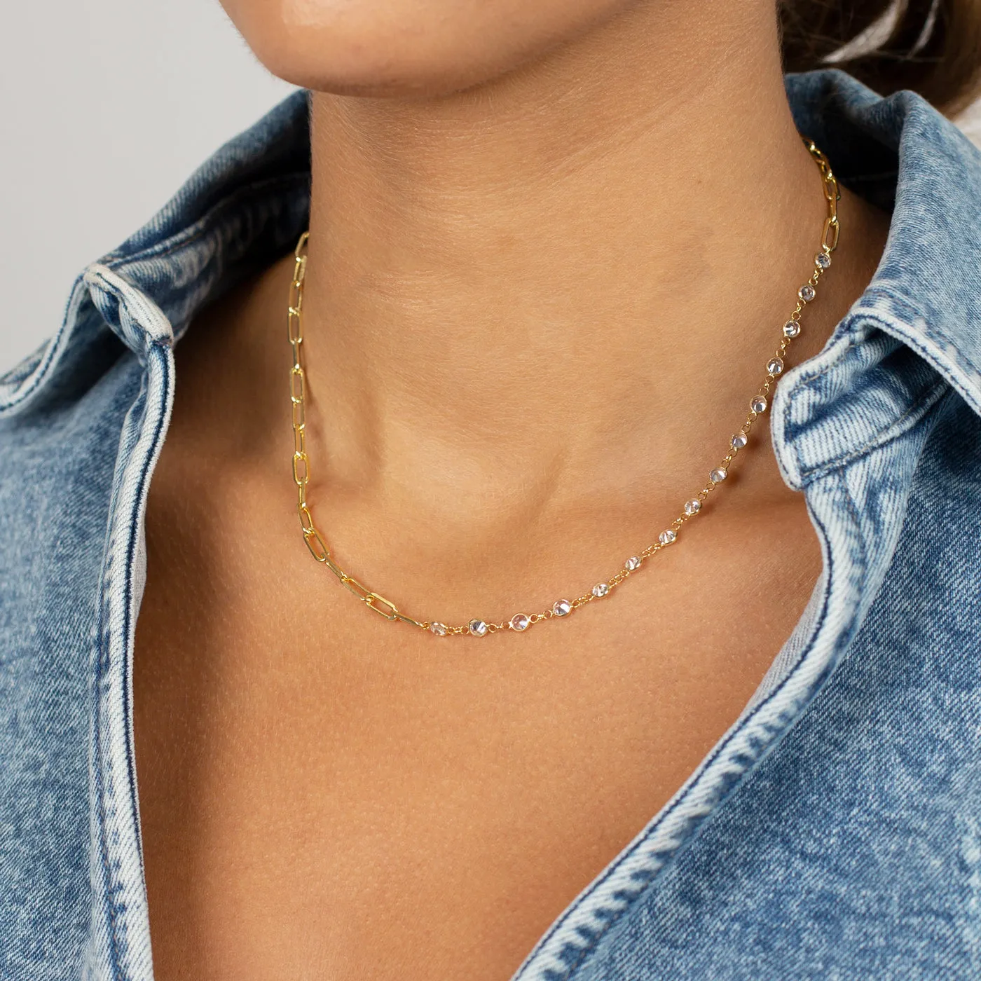 CZ Bezel X Paperclip Toggle Chain Necklace