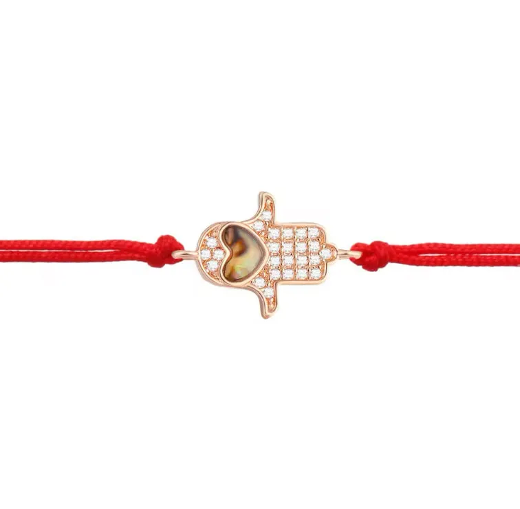 CZ Stones Rose Gold Hamsa Heart Charm Red String Protection Bracelet