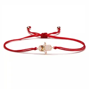 CZ Stones Rose Gold Hamsa Heart Charm Red String Protection Bracelet
