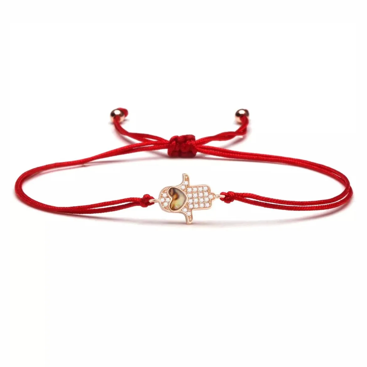 CZ Stones Rose Gold Hamsa Heart Charm Red String Protection Bracelet